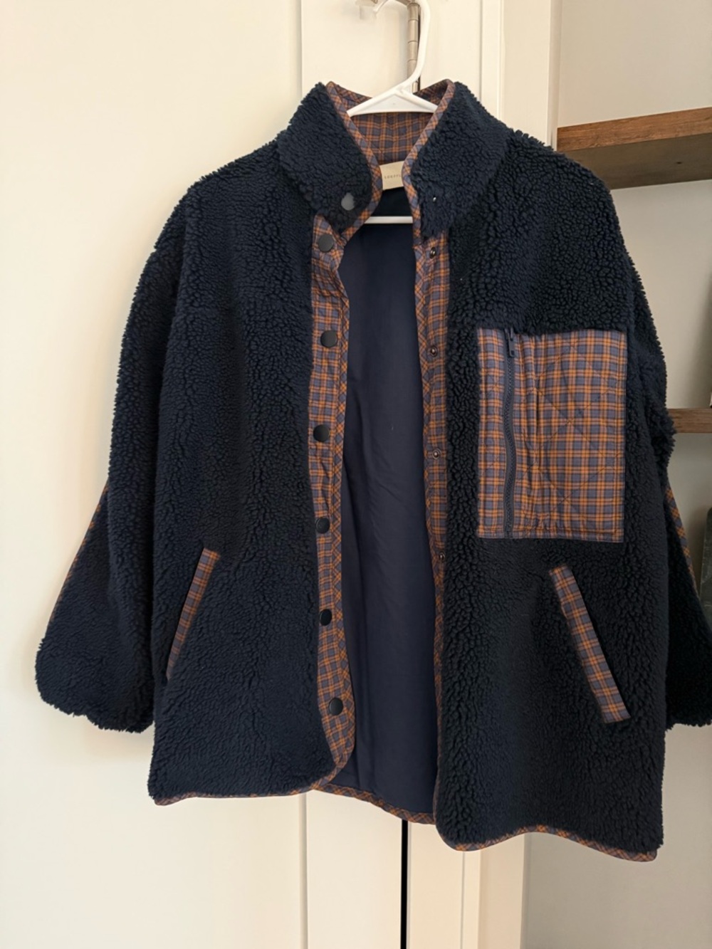 Loeffler Randall Navy Sherpa Jacket with Brown Plaid Trim